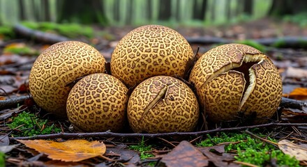 Group of textured puffball mushrooms in a woodland setting with soft lighting