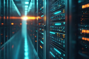 Naklejka premium Futuristic data center with glowing blue and orange server lights, representing advanced IT infrastructure for cloud computing, security, and enterprise technology use