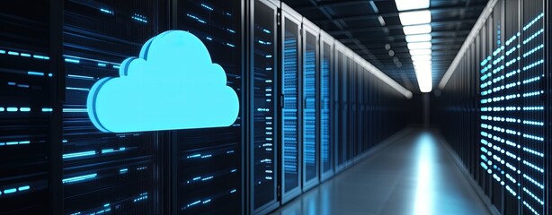 Futuristic cloud computing infrastructure with glowing data servers in modern IT center, ideal for technology presentations and digital business use