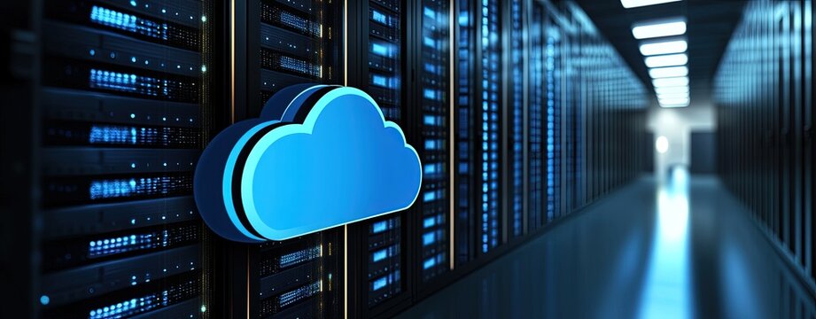 Modern cloud computing infrastructure with glowing blue icon in IT server room, perfect for digital marketing, presentations, and enterprise technology use