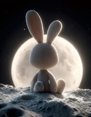 月の背景に座っているふわふわのウサギのおもちゃ