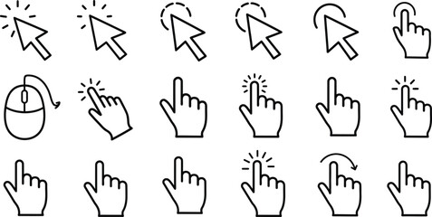Collection of various cursor and hand gesture icons, including mouse pointer, click, and touch screen interactions.