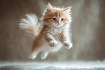 Playful kitten jumping gracefully in mid-air with curled tail and elegant ballet-like pose, full of energy and charm