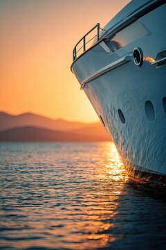 Luxurious yacht bow at sunset.  Golden light reflects on the water.  Mountains in the distance.  Calm sea