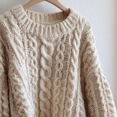 Close-up of a cream-colored cable knit sweater hanging on a wooden hanger.  Creamy, textured, cable patterns are visible