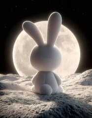 月の表面に座るふわふわの白いウサギのぬいぐるみ