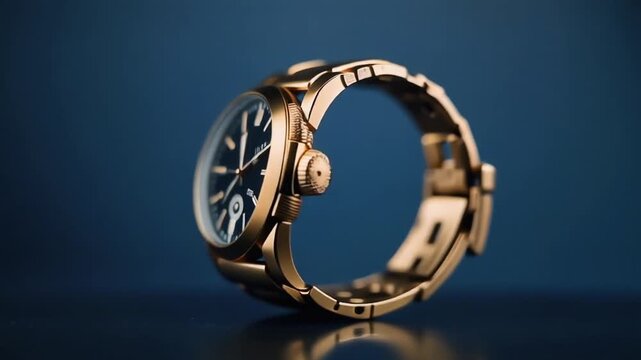 High resolution macro footage of a luxury wristwatch with golden details rotating slowly on a seamless deep blue background with glossy reflections sharp clarity and elegant minimal composition perfec