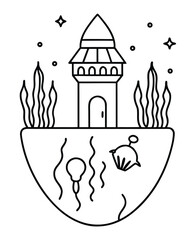 Underwater castle black and white line art vector illustration design