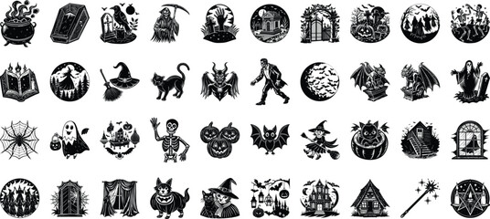 Black and white Halloween vector silhouette set with spooky icons and elements
