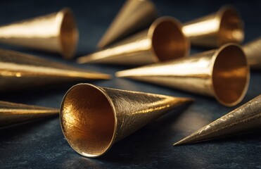 Naklejka premium Golden textured cones scattering on dark background