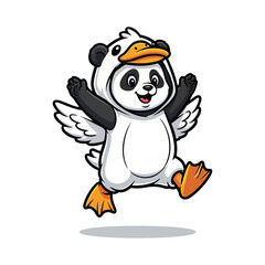 Cheerful panda wearing a duck costume jumping with excitement