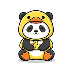 Adorable panda bear dressed as a duck holding a small duck