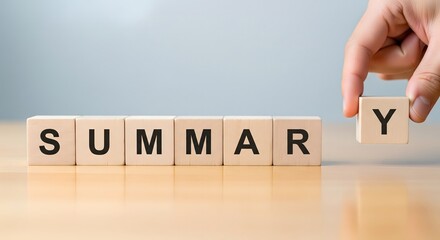 Hands placing the last letter on the wooden block, spelling SUMMARY transparent background