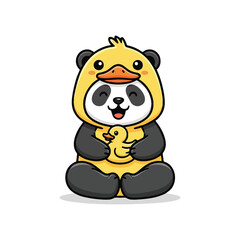 Cute panda bear wearing a duck costume holding a duck toy
