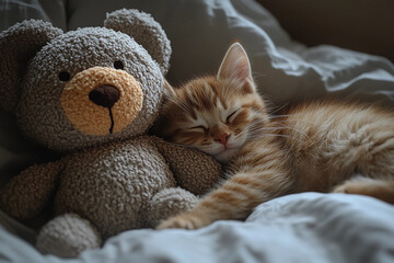 Adorable sleepy kitten cuddling a giant stuffed animal, cozy and peaceful nap scene, cute pet resting with soft plush toy
