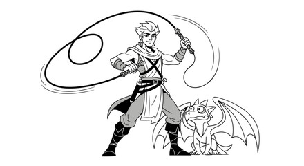 Cartoon Character with Whip and Dragon Companion.