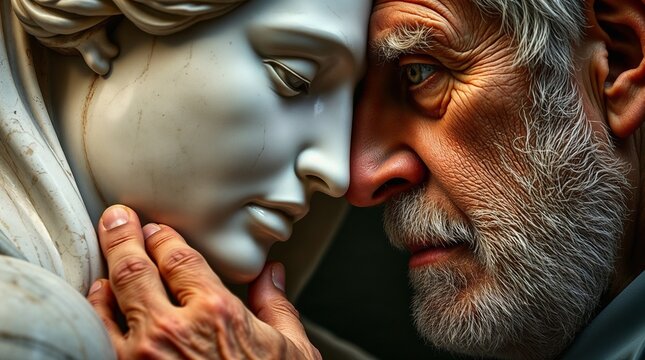 Close-up portrait of Pygmalion with Galatea statue, emotional illustration of Greek myth "Pygmalion and Galatea"