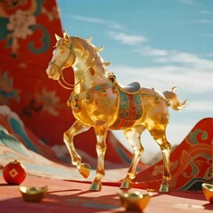 金の馬の彫刻の赤い背景と中国の富の象徴