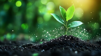 A small plant growing from soil with a network overlay and a blurred green background with bokeh lights