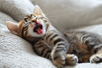 Adorable tiny kitten yawning on a cozy couch stretching its front paws forward and arching back like a playful yoga pose