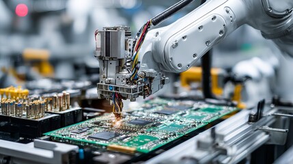 Highprecision robot arm works inside electronics factory Circuit board assembly on modern automated line for device industry