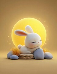 月の背景に座って休む白いウサギの置物