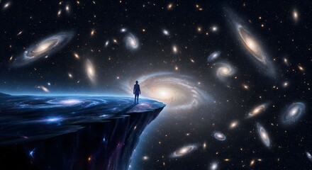 A lone explorer contemplates the vastness of the cosmos from a cliff edge surrounded by countless galaxies