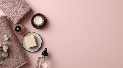 Spa essentials: Towels, soap, candle, and lotion create a relaxing and rejuvenating atmosphere.