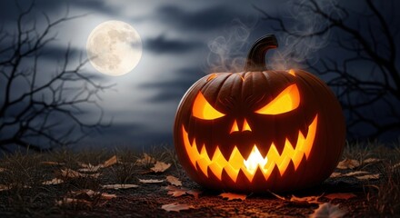 Obraz premium Spooky jacko'lantern glowing under a full moon on a dark halloween night scene