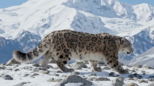 A beautiful snow leopard with spotted fur walking on a snowy and rocky ground against a backdrop of majestic mountain peaks
