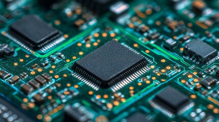 Macro closeup of printed circuit board with chips and elements during assembly Electronics manufacturing in dark background