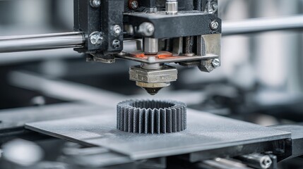 Metal object printed closeup on laser sintering machine 3D printer creates shape from fine powder material