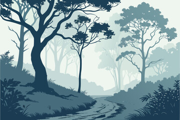 Fototapeta premium Serene misty forest landscape illustration, inviting path through the woods, tranquil nature scene, peaceful outdoor adventure, quiet woodland escape