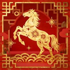 赤い背景の上の金の馬の装飾的な中国のモチーフ