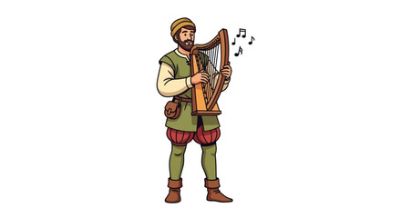 Medieval Musician Playing Harp with Notes.