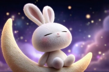 うさぎが三日月の上に座り眠る 星空の背景