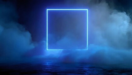青色ネオン正方形フレームと煙の多い背景