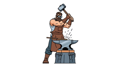 Muscular Blacksmith Hammering Hot Metal on Anvil Cartoon Illustration.