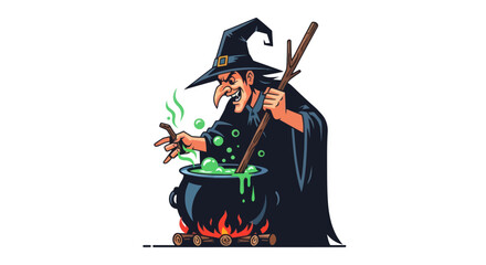 Cartoon Witch Stirring a Cauldron with Green Potion and Flames.