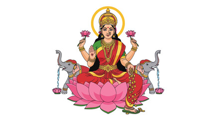 Goddess Lakshmi seated on a lotus flower holding lotus buds with elephants.