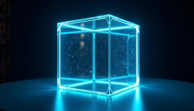 Glowing neon cube with futuristic light effects on dark background