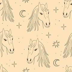 Mystical and fantasy seamless pattern with horses, moon and stars. Hand drawn line vector background. Bohemian illustration in sketch style