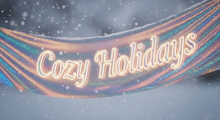 A shimmering iridescent banner with the words cozy holidays in glowing neon letters, set against a snowy backdrop with falling snowflakes