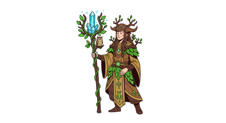 Fantasy forest druid character with antlers and a glowing blue crystal staff.