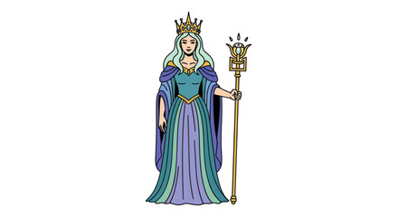 Obraz premium Elegant cartoon illustration of a fantasy queen with a golden crown and scepter.