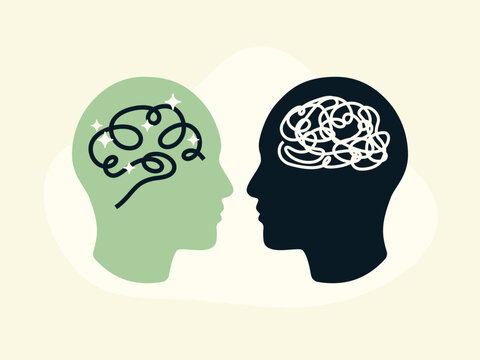 A concept illustration showing a calm, clear mind versus a cluttered, stressed mind. This vector represents mental health, emotional wellness, psychology, and personal development