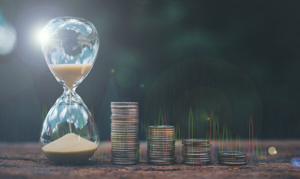 Wealth accumulation and long-term financial planning, Importance of time management in investments and savings, Hourglass and stacked coins - Powered by Adobe