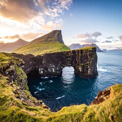 Dramatic coastal arch at sunset
