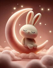 月の上の白いウサギぬいぐるみピンクの雲と星
