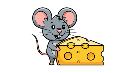 Cute grey cartoon mouse smiling while holding a large wedge of yellow Swiss cheese.